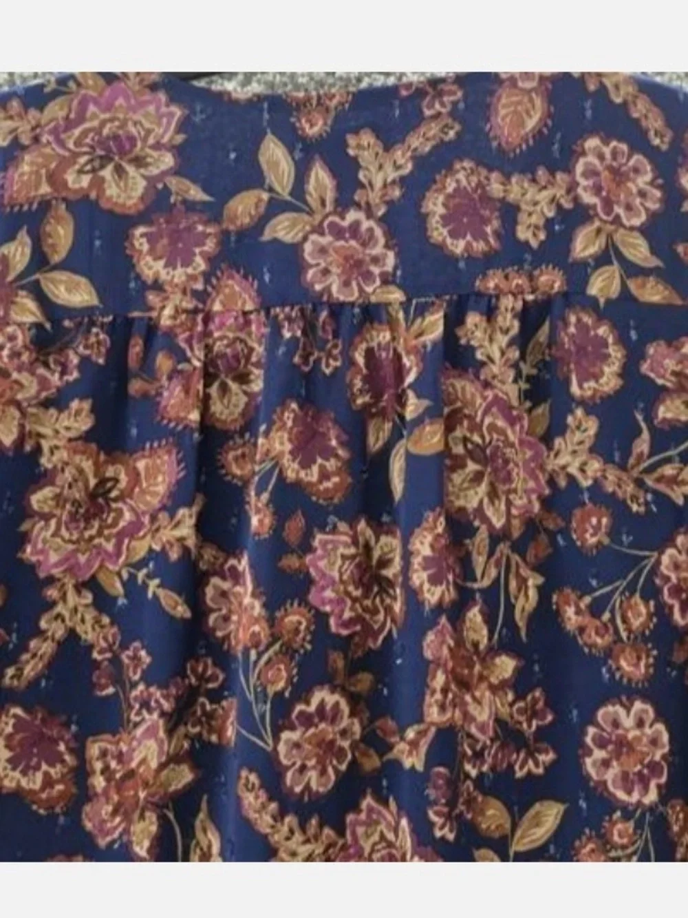 Vince Camuto Navy Floral V-Neck Blouse with Pink and Rust Print
